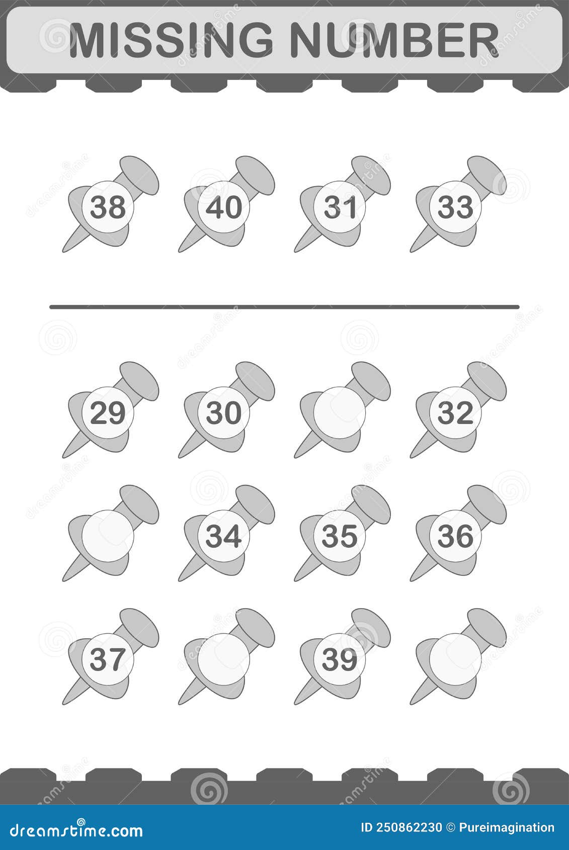 Missing Number with Push Pin. Worksheet for Kids Stock Vector Illustration of activity