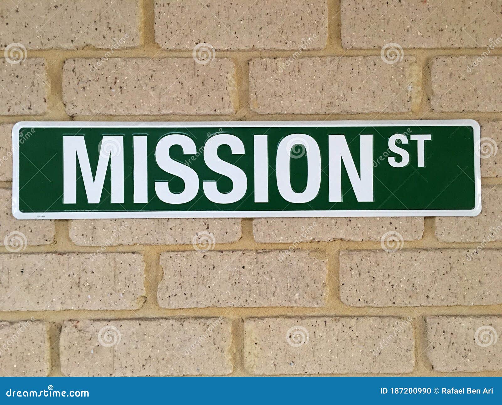 Mission Street Sign on a Brick Wall Stock Photo Image of background