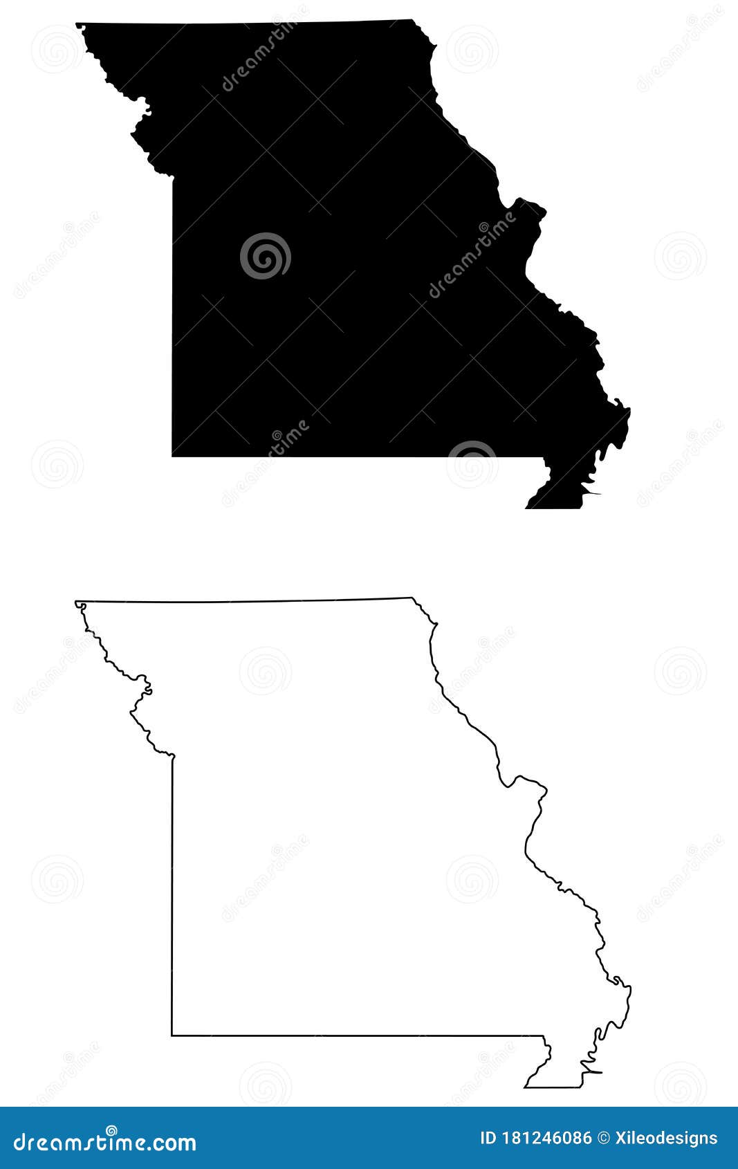 Missouri MO State Maps. Black Silhouette and Outline Isolated on a