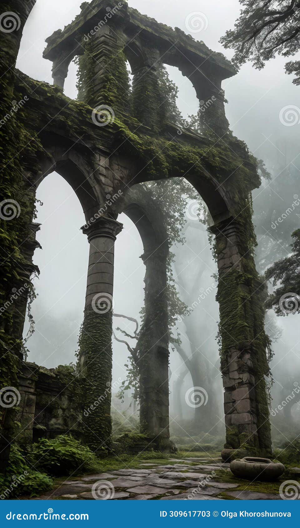 mist-clad ruins. the remnants of an ancient castle, shrouded in mist.