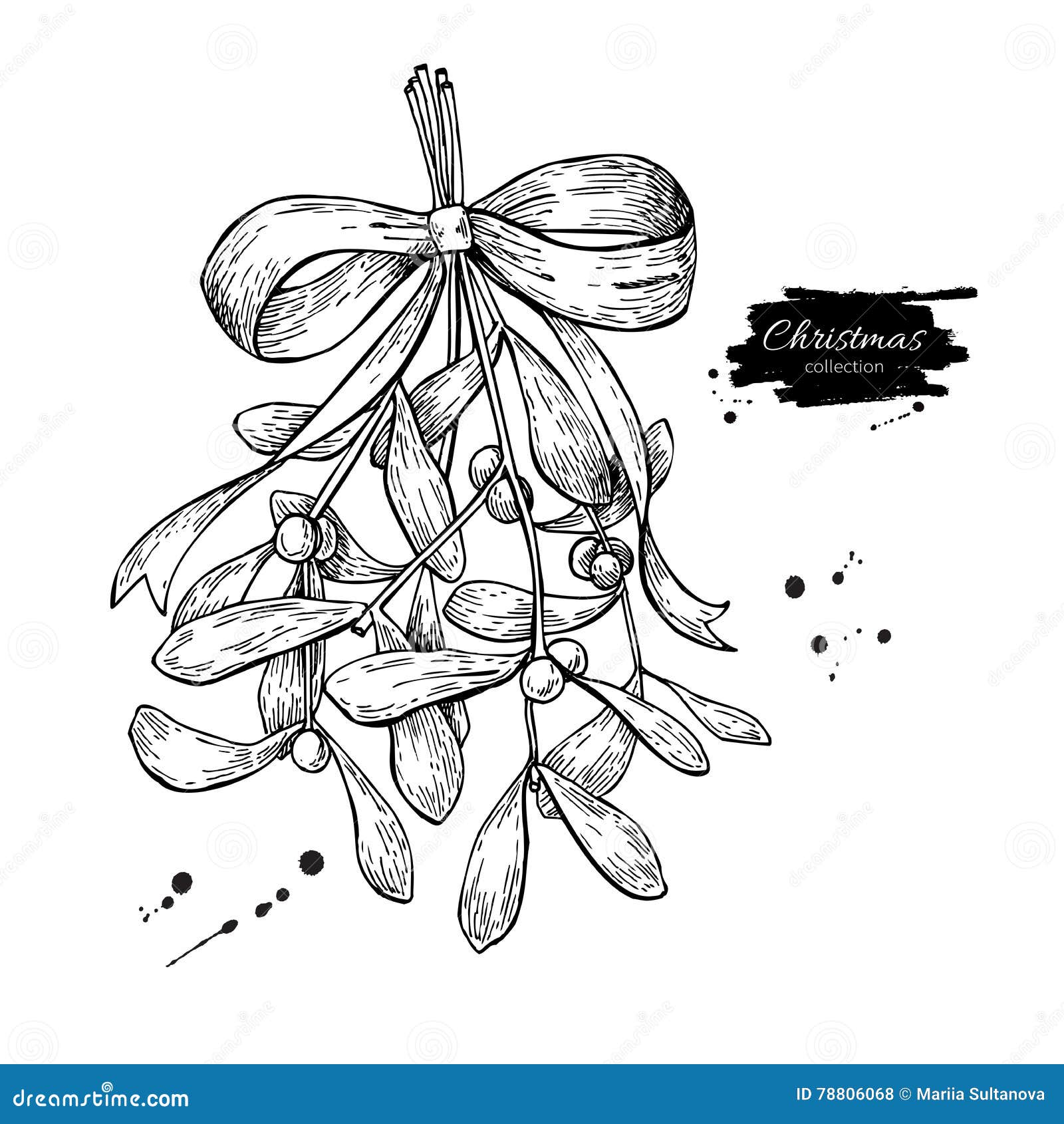 mistletoe with bow and ribbon. christmas decor plant. hand drawn