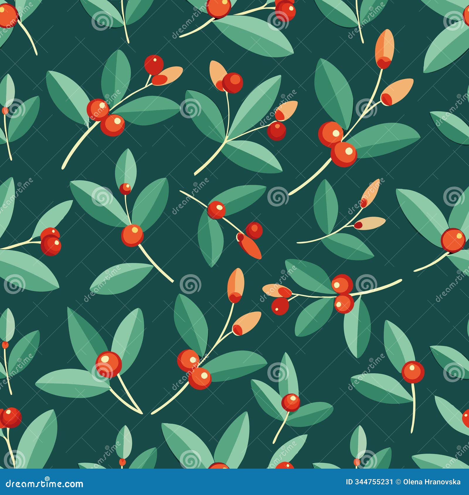 mistletoe red berries seamless  surface pattern dark background