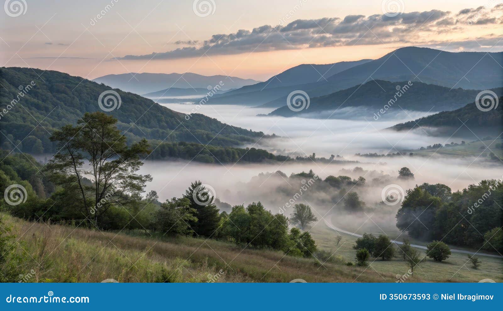 misty fog rolling over a quiet mountain valley at sunrise
