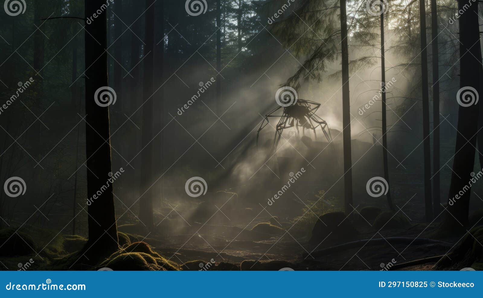 misty forest encounter: a giant spider sculpture made of insects