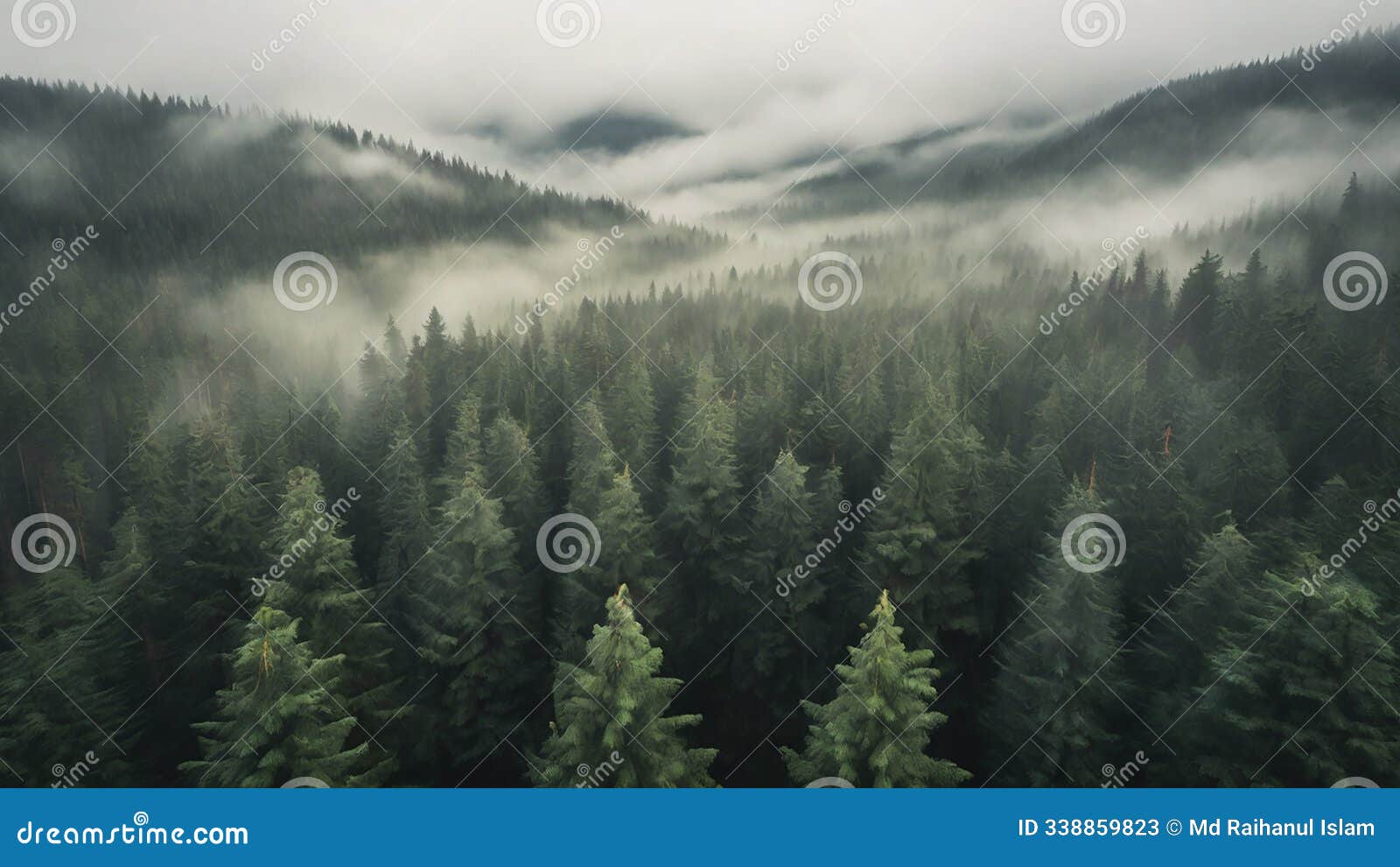 misty forest landscape seen from above, with dense fir trees stretching into the fog.