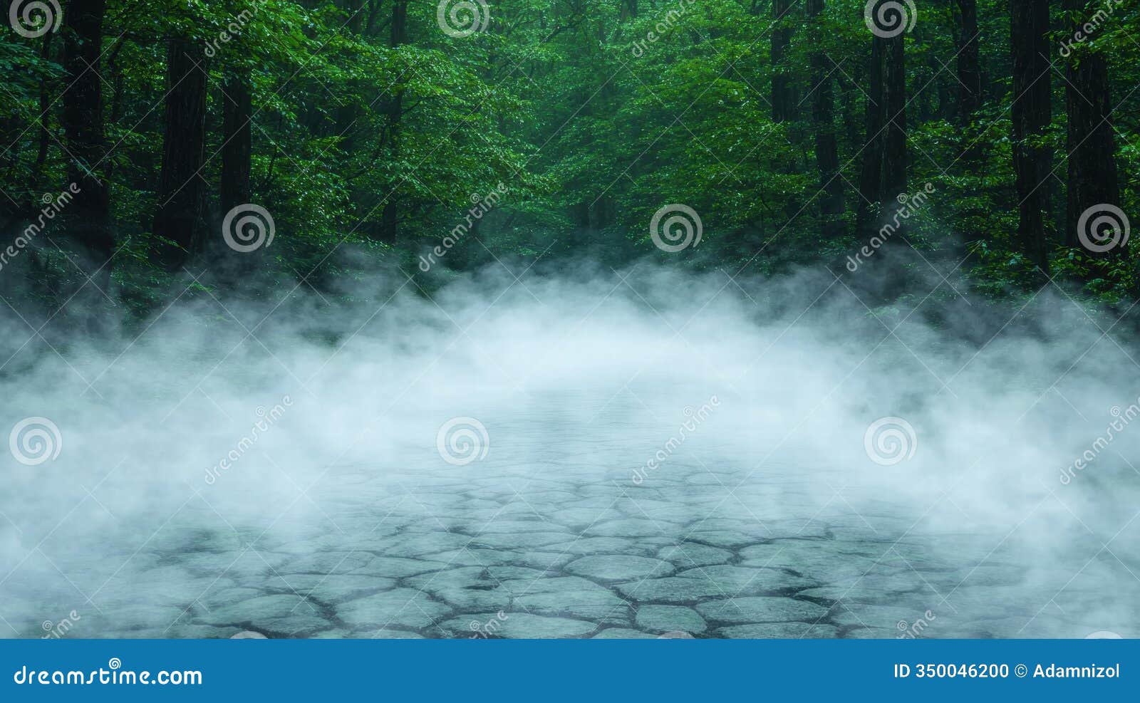 misty forest stream with lush green foliage