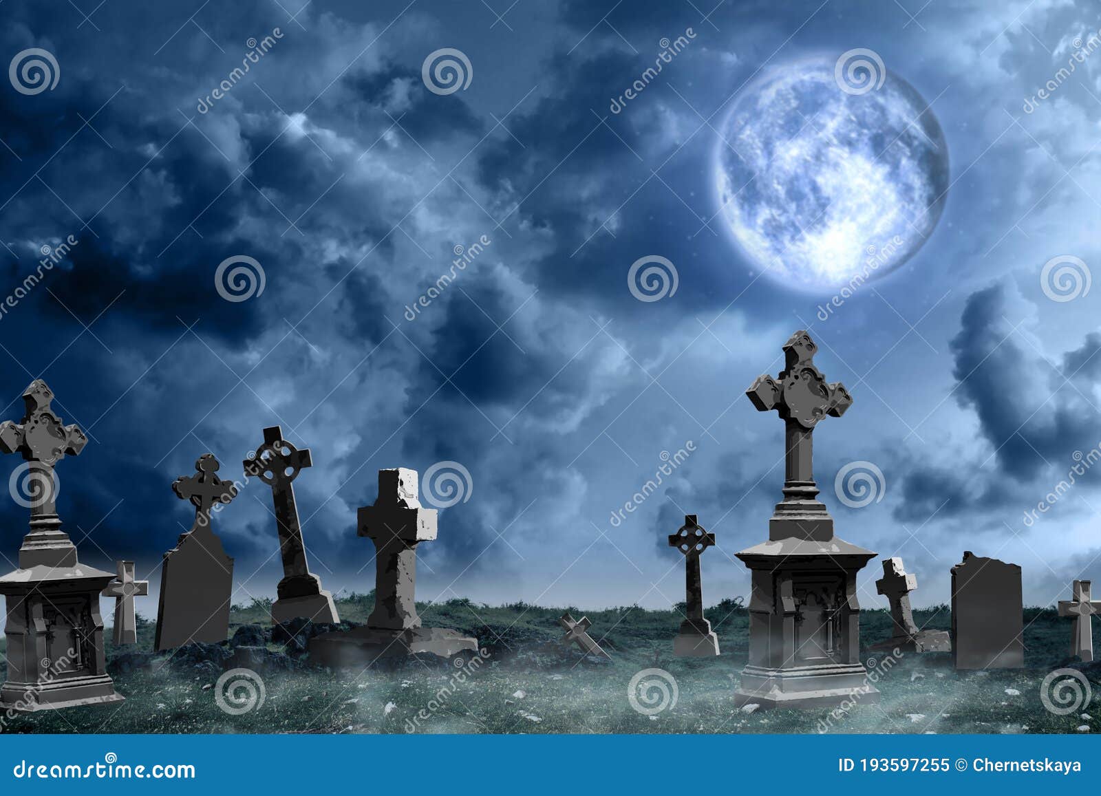 misty graveyard with old creepy headstones under moon on halloween