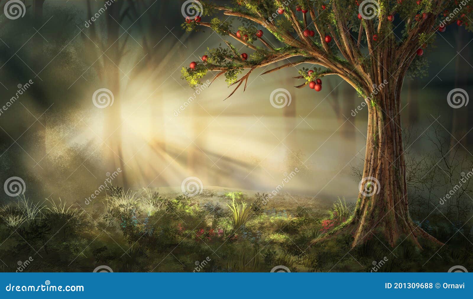 misty morning in the forest. the rays of the sun shining through the branches of trees width red fruits. digital art style.