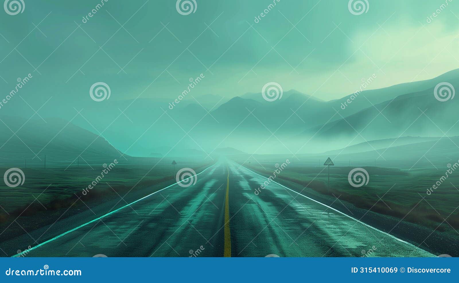 misty mountain highway at dawn: serene teal landscape with endless road