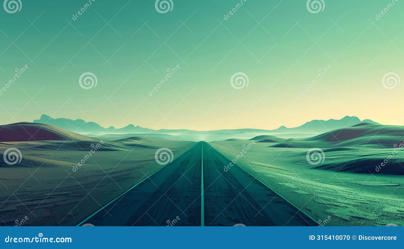 misty mountain highway at dawn: serene teal landscape with endless road