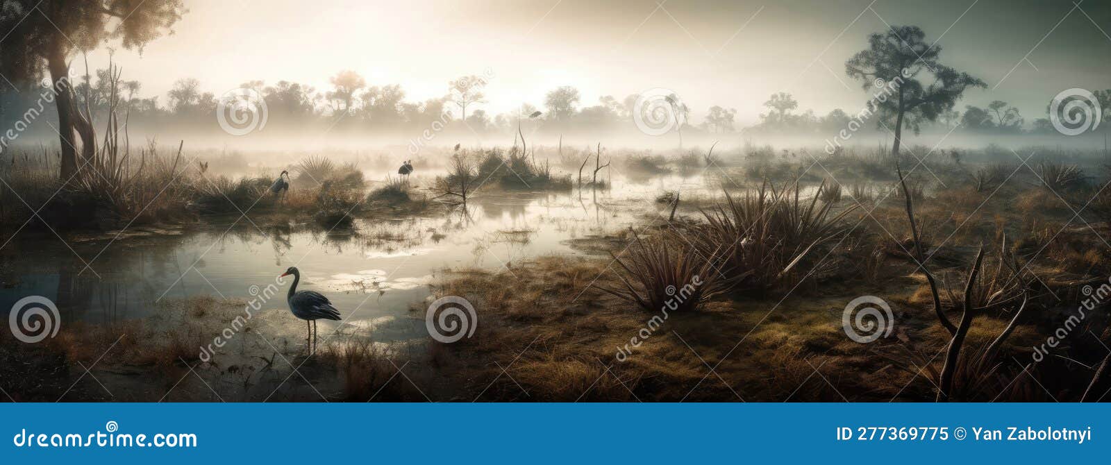 A Misty Swamp with Dangerous Creatures Panoramic Background. Generative
