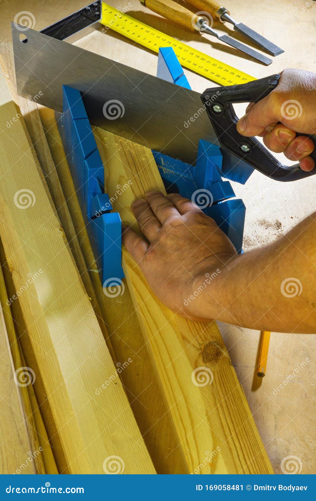 For Sawing Parts at an Angle with a Miter Box and a Hacksaw Stock Image