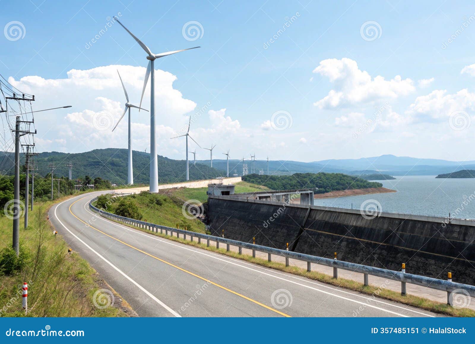 mittraphap highway near lam takong dam with wind turbines