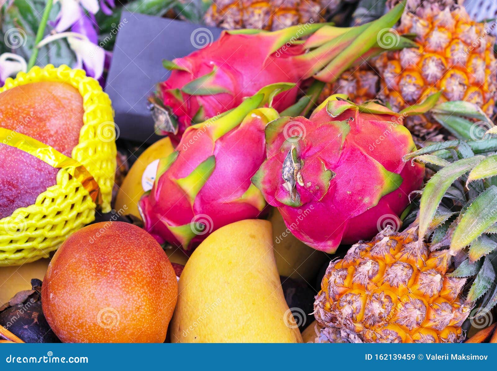 Mix of Fresh Exotic Fruits Such As Dragon Fruit, Mango and Pineapple