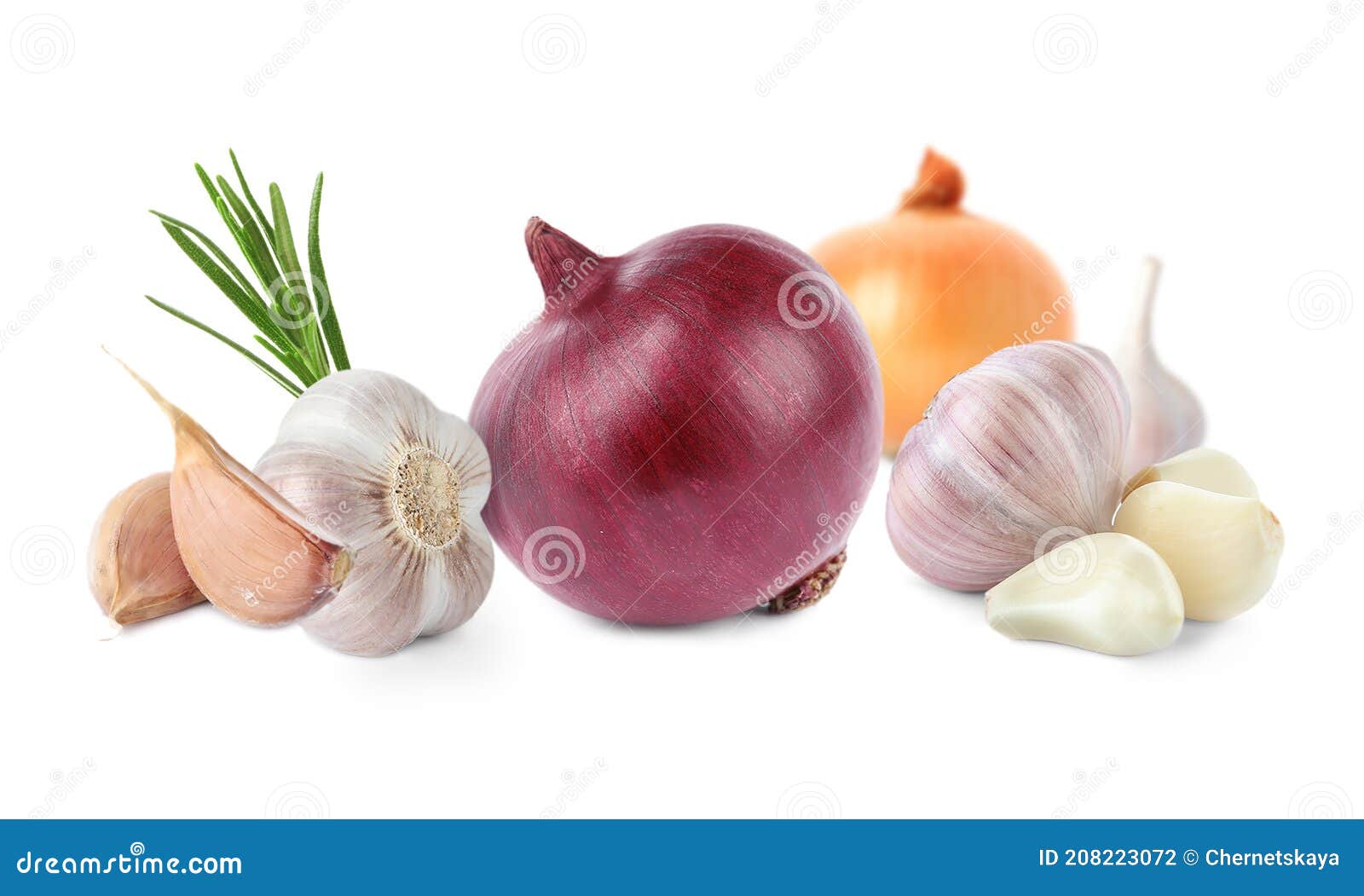 Mix of Fresh Garlic and Onions on White Background Stock Photo Image