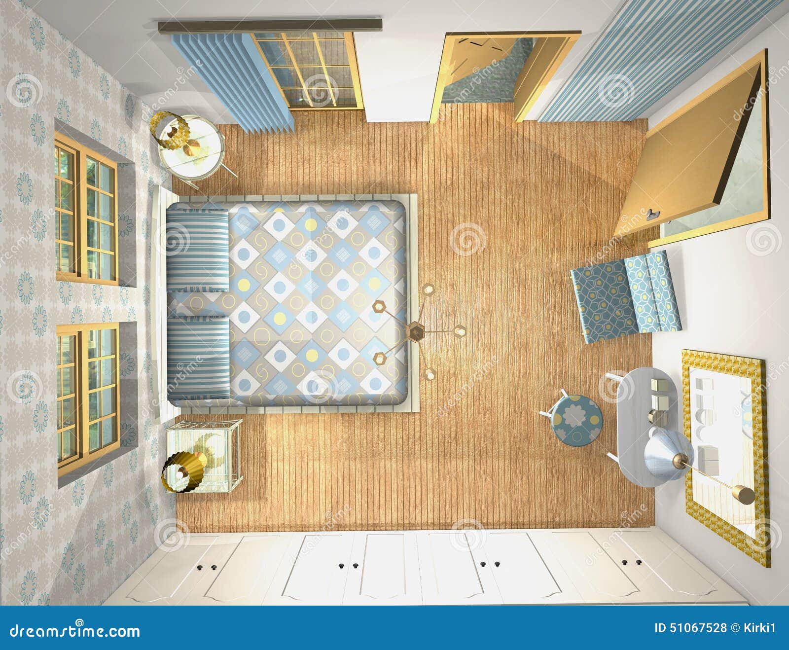 Mix And Match Bedroom, 3d Top View Stock Illustration 