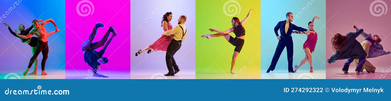 Mix of Retro and Modern Dance Styles. Set of Images of Young People Dancing Against Multicolored in Neon Stock Photo - Image of jill, dance: 274292322
