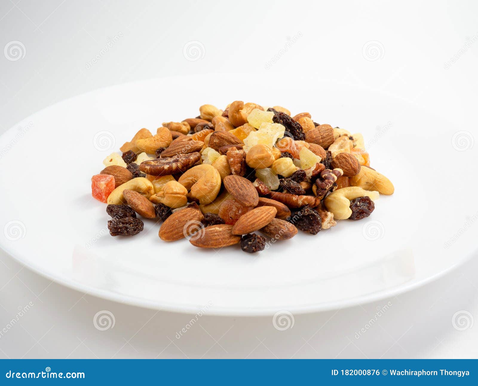 Mix of Various Nuts and Dried Fruit on White, Almonds, Raisins, Nuts ...