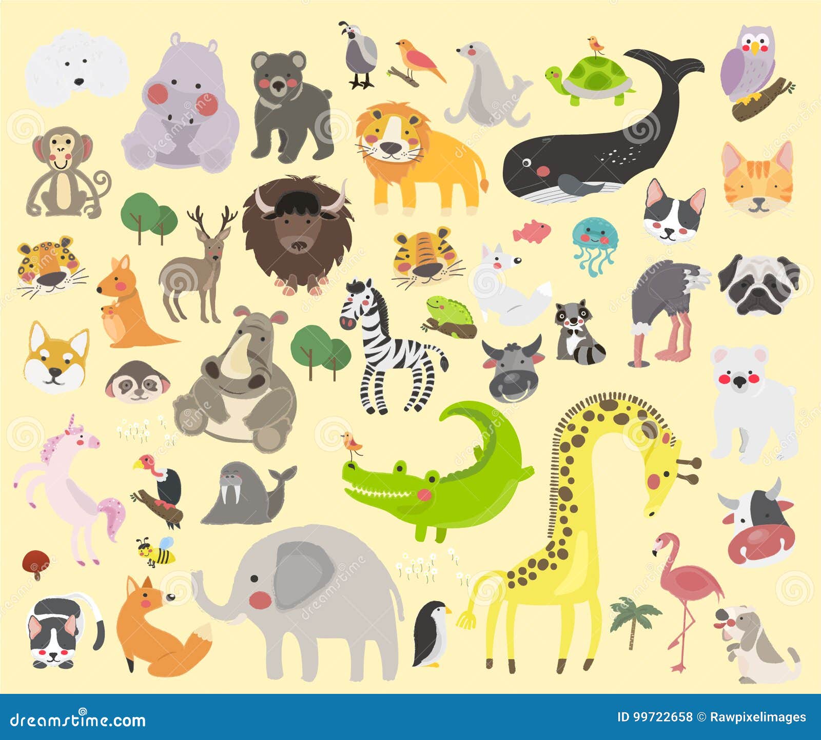 Mixed Animals Set Drawing Illustration Vector Stock Vector - Illustration  of vector, collection: 99722658