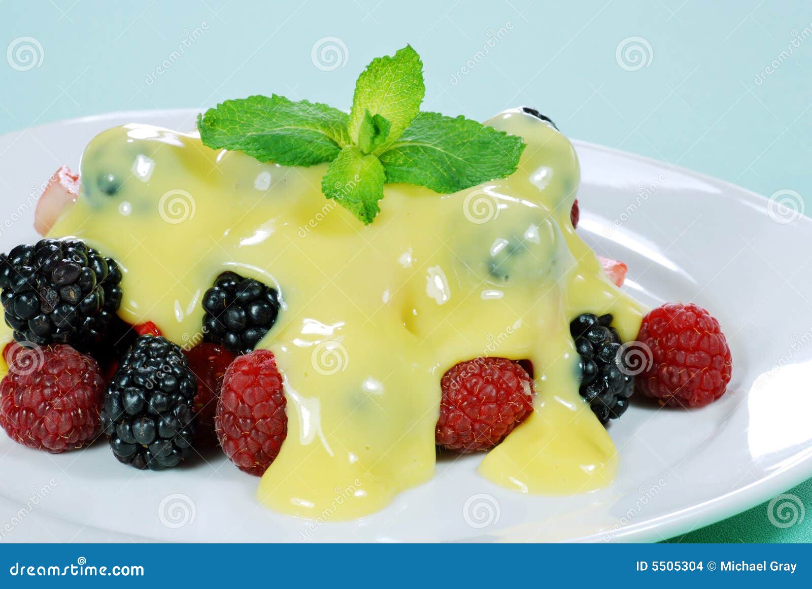 Mixed Berries with Custard and Mint on Top Stock Photo Image of