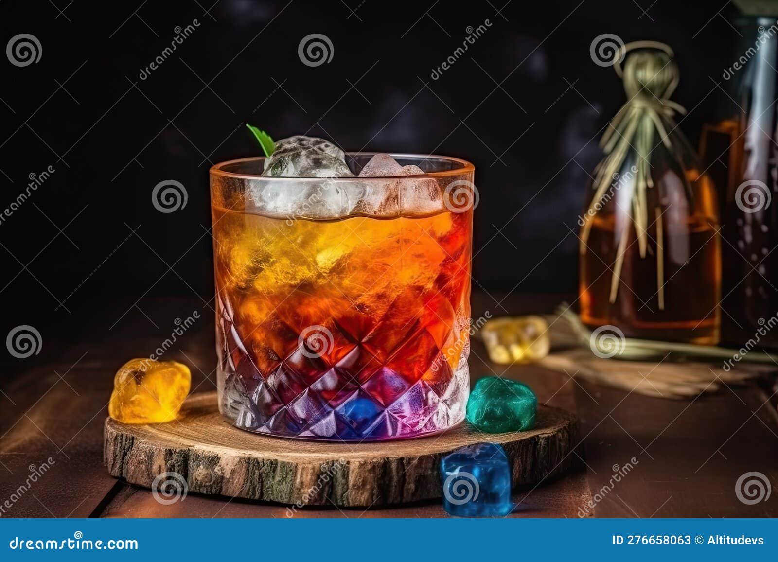 Mixed Drink with Different Combinations of Colorful Ingredients on Ice