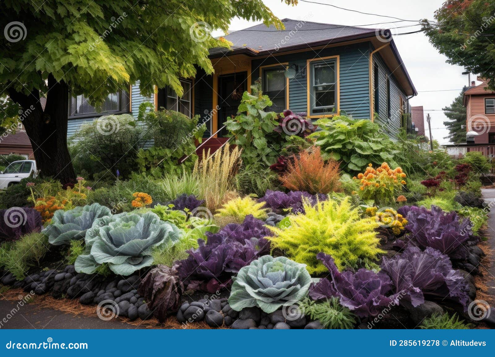 Mixed Edible and Ornamental Plants in a Front Yard Stock Photo Image of curb, beauty 285619278