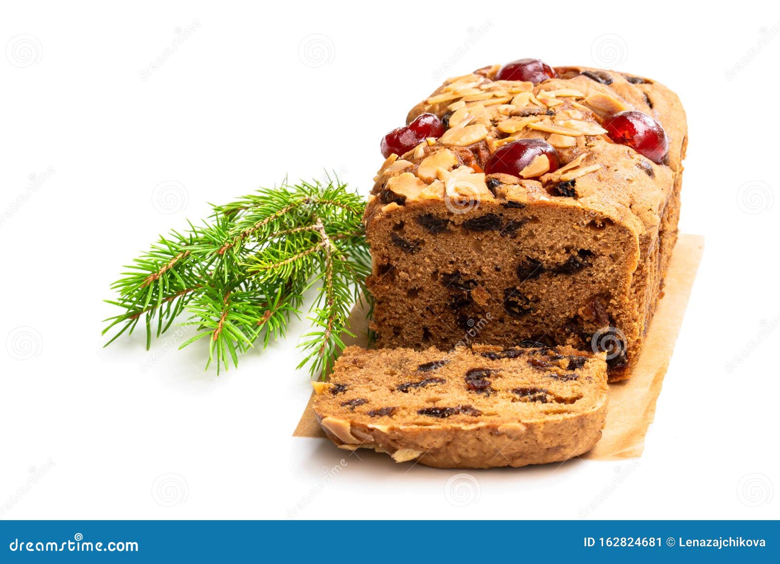 Mixed Fruit Loaf Cake with Almond Flakes Isolated on White Stock Image