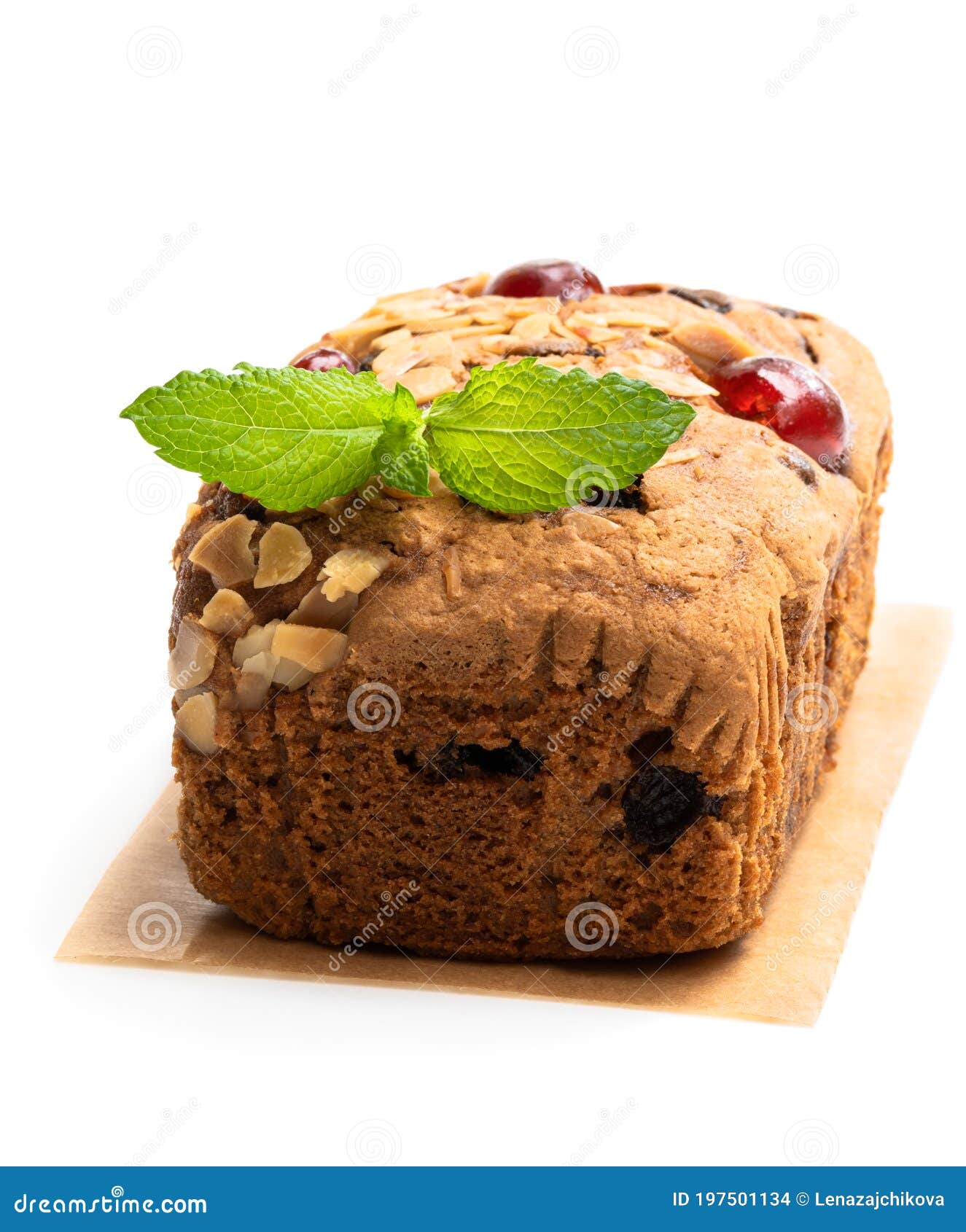 Mixed Fruit Loaf Cake with Almond Flakes Isolated on White Stock Photo