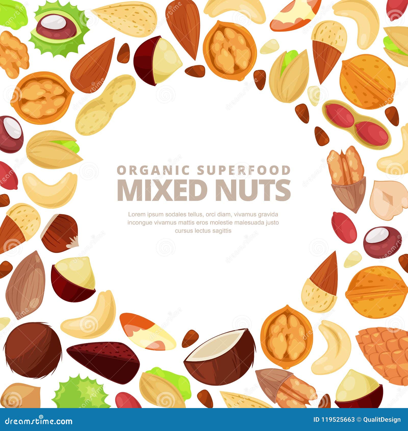 Mixed Nuts Vector White Frame Background. Cartoon Flat Illustration