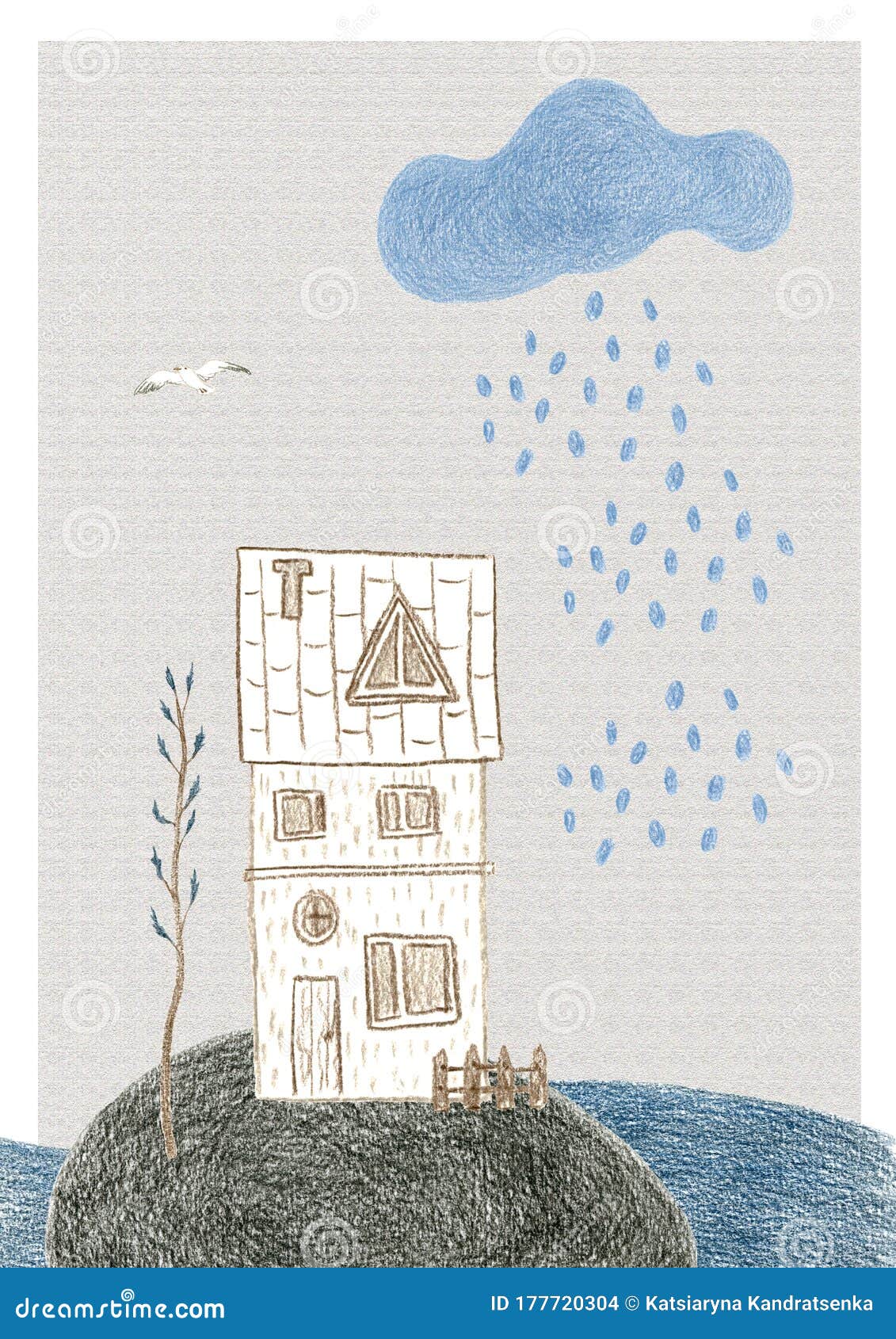 mixed picture with a tiny cute house on a weather-beaten rock in mid-sea with a slim tree nearby and cloudlet with rain