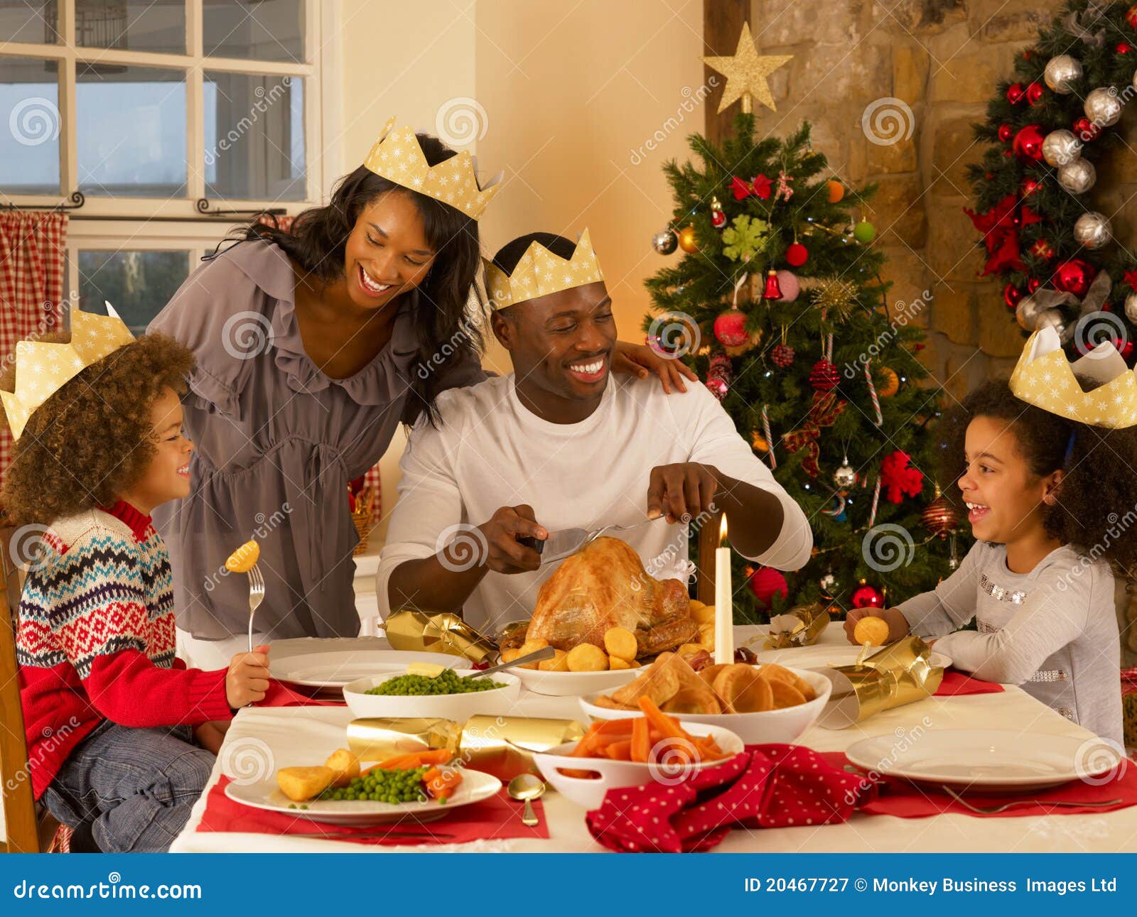 Mixed Race Family Having Christmas Dinner Stock Image Image of