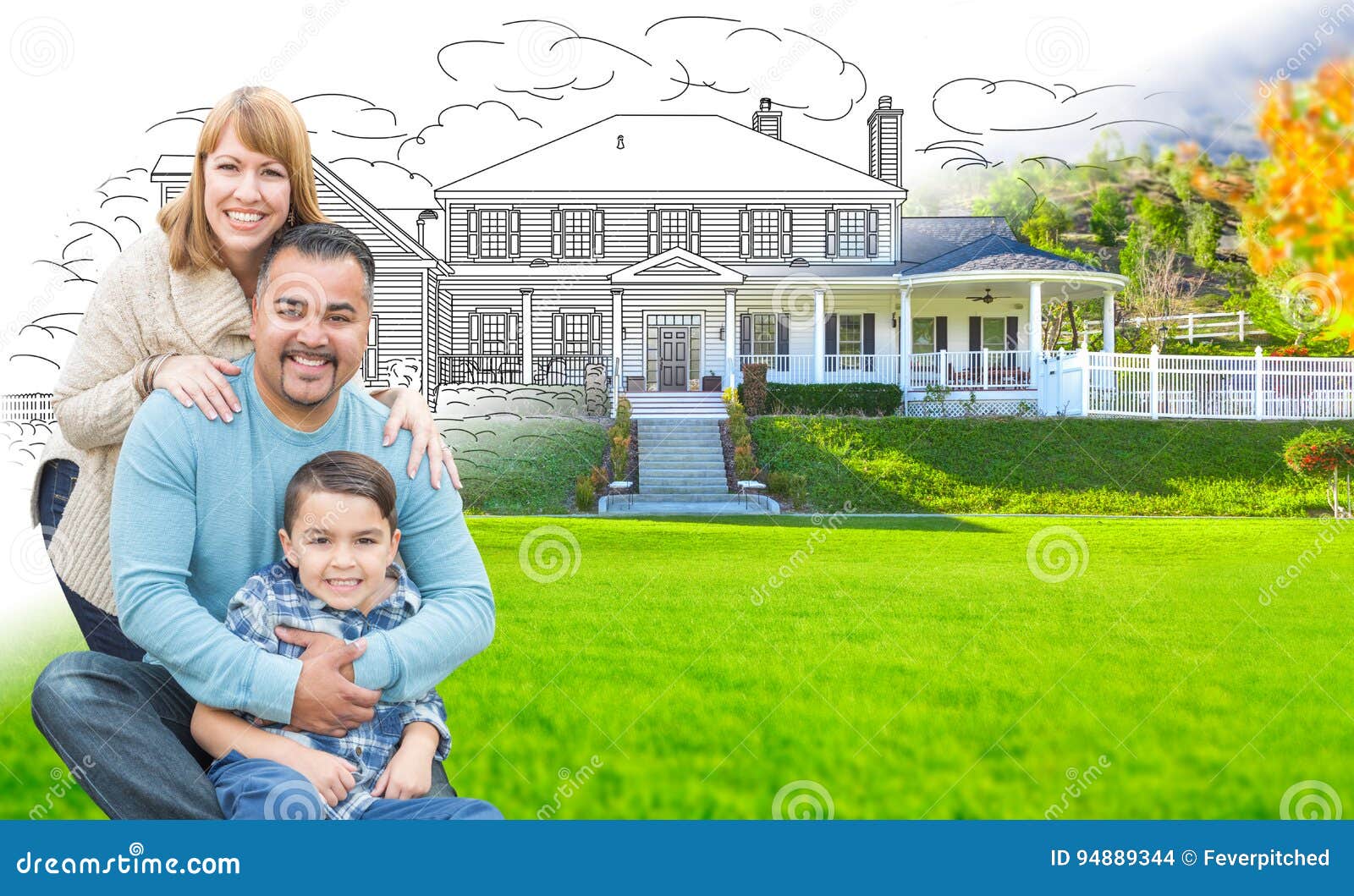 mixed race hispanic and caucasian family in front of gradation o