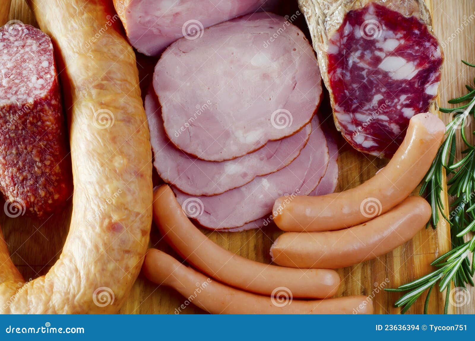 Mixed sausages and salami stock photo. Image of cheese 23636394