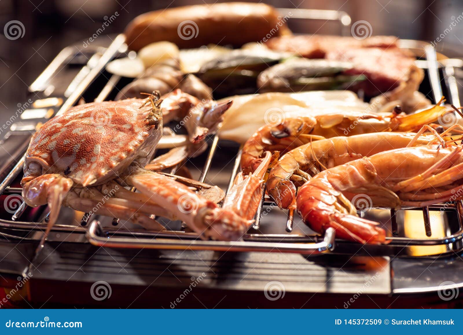 Mixed Seafood on the Flaming Grill Stock Image Image of background, barbecue 145372509
