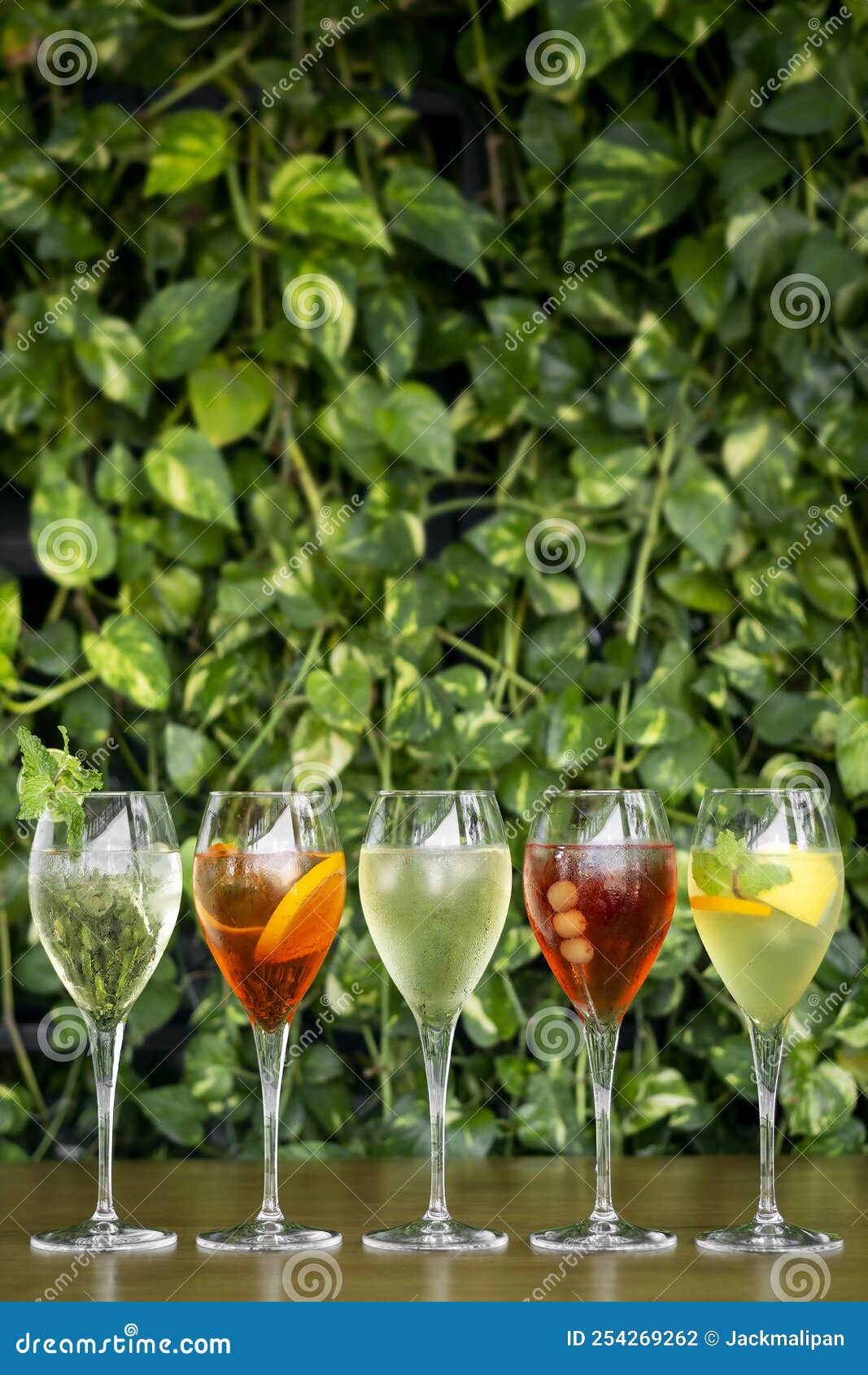 Mixed Spritzer Wine Cocktails Selection with Fruit in Outdoor Bar Stock