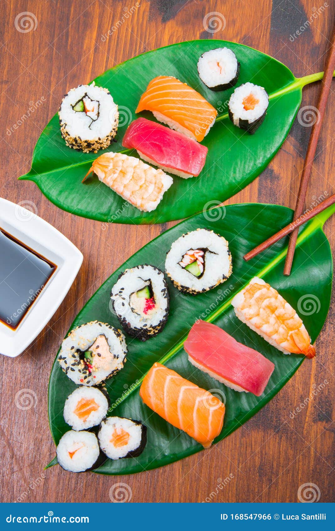 Mixed sushi on green leaf stock photo. Image of ingredient 168547966
