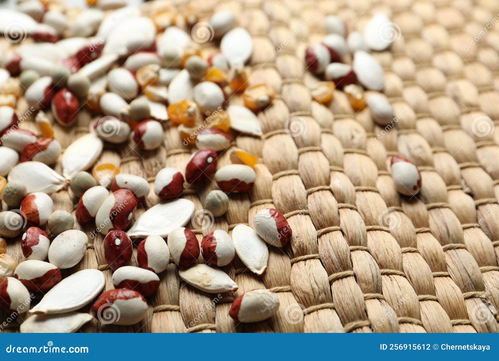 Mixed Vegetable Seeds on Wicker Background, Closeup Stock Photo Image