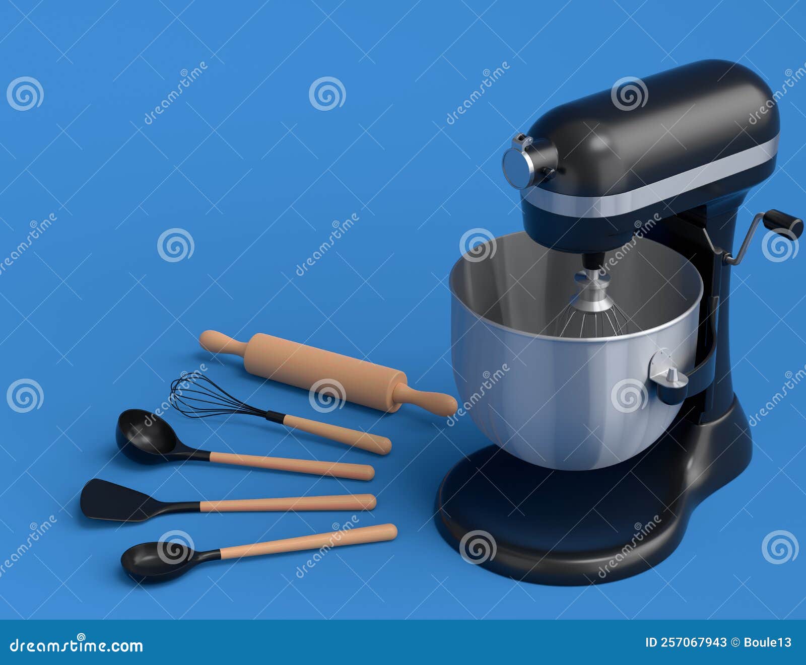 Mixer with Kitchen Utensil for Preparation of Dough on Blue Background