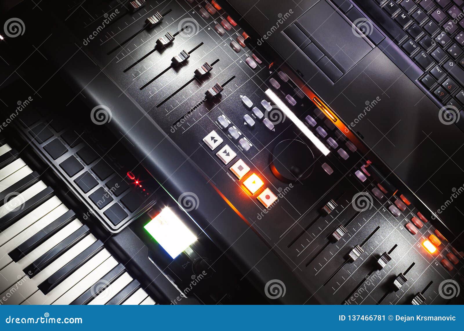 Mixing Console, Piano and Laptop Stock Image Image of keys, midi