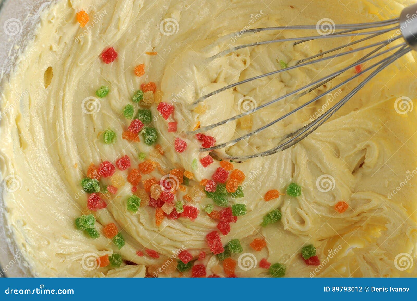 Mixing Dough for Cake in a Bowl with Candied Fruit Stock Photo Image
