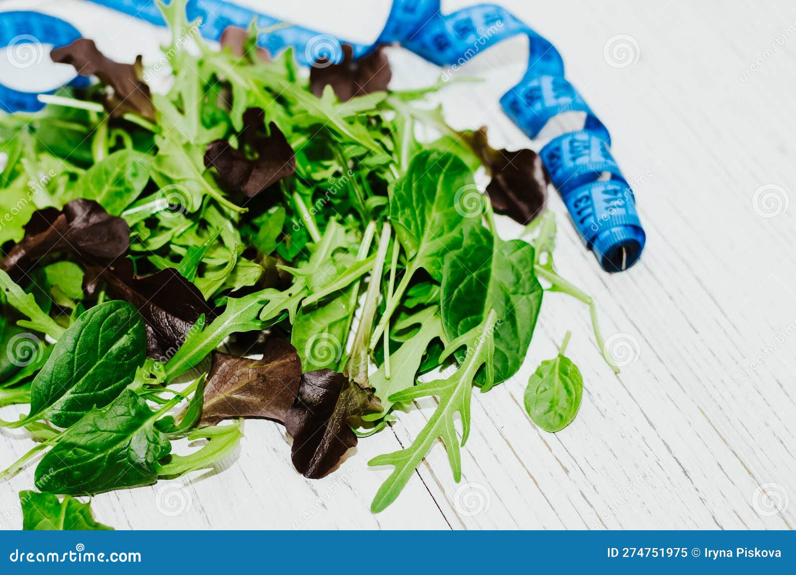 A Mixture of Lettuce Leaves Different Types with a Centimeter for