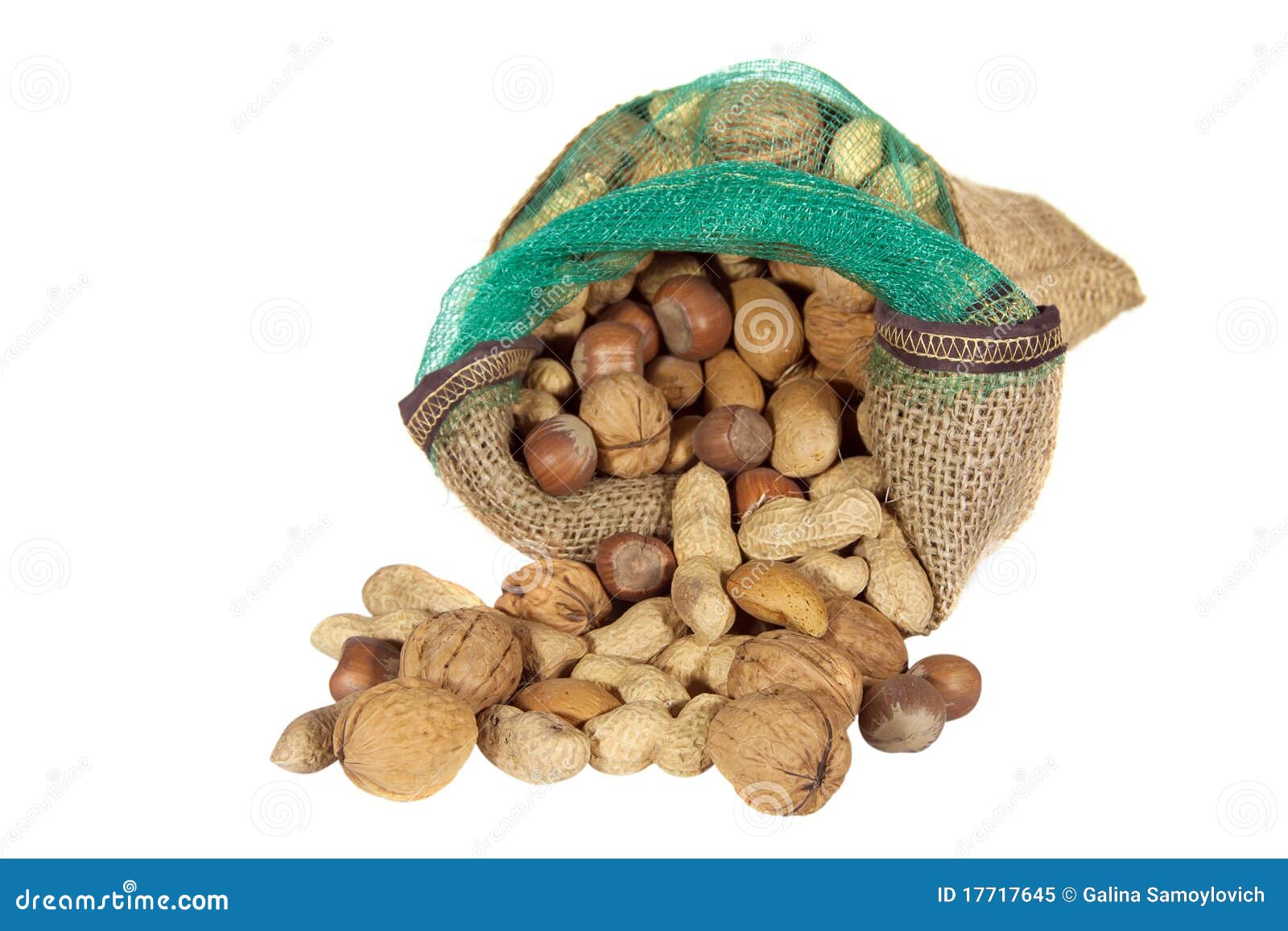 Mixture of nuts in a sack stock image. 