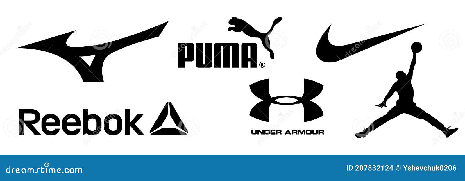 Mizuno, Reebok, Nike, Jordan, Adidas, Puma, Under Armour - Logos of ...