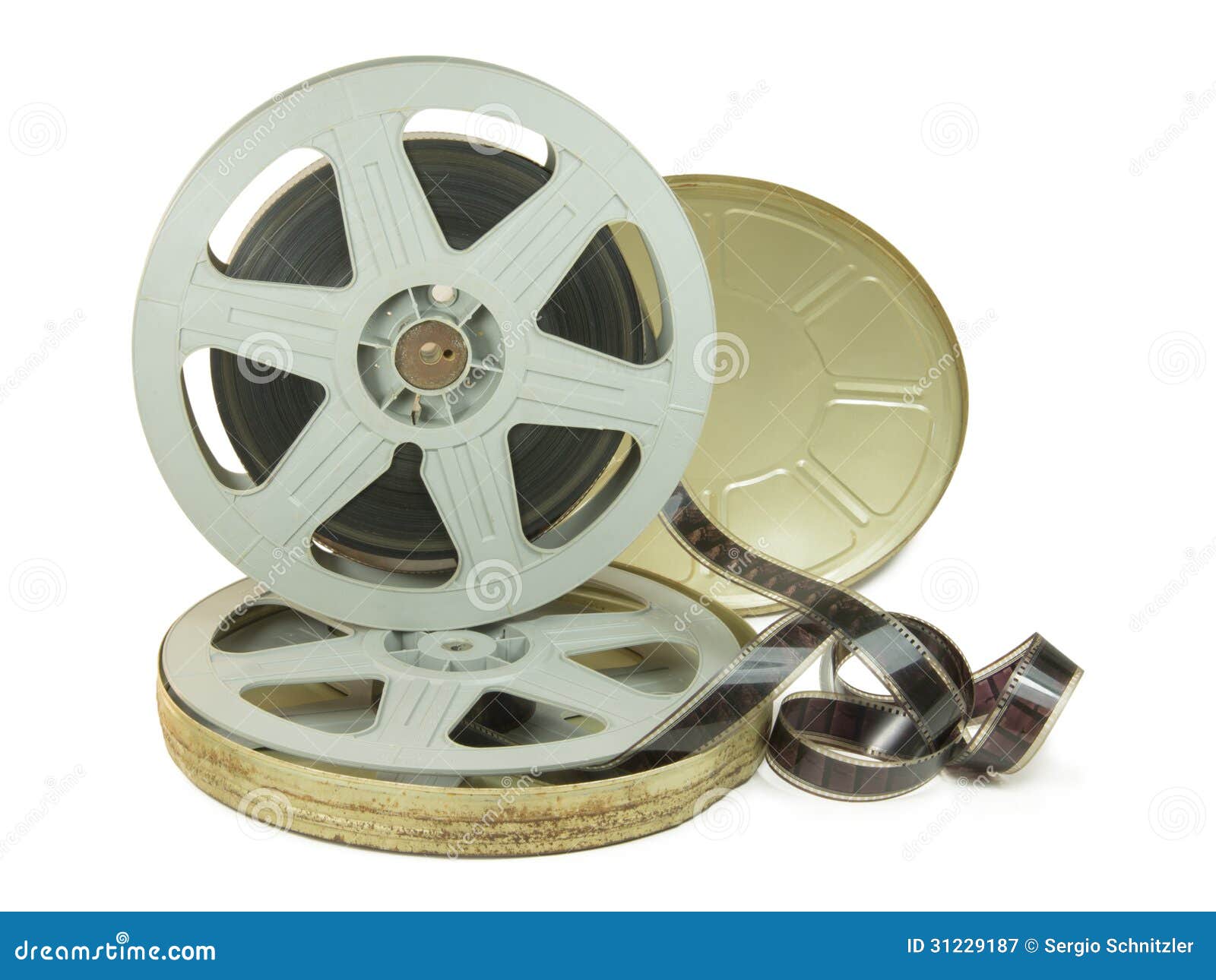 35mm Film In Two Reels And Its Can. A 35mm film in two reels and its rusty can, isolated over white, with clipping path