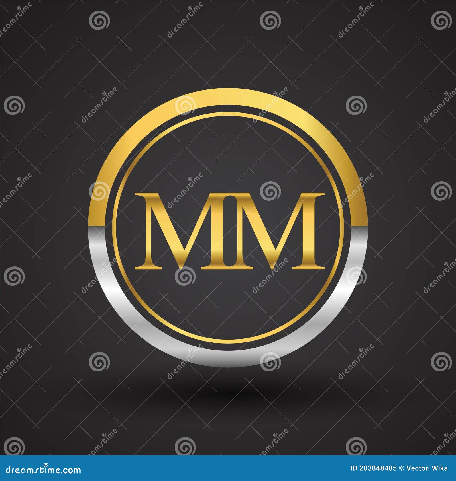 MM Letter Logo in a Circle, Gold and Silver Colored. Vector Design