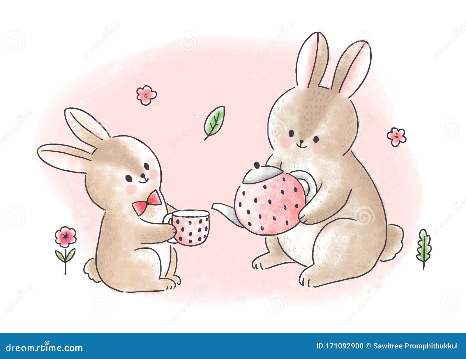 Cartoon Cute Sweet Rabbits Drink Tea Time Vector. Stock Illustration