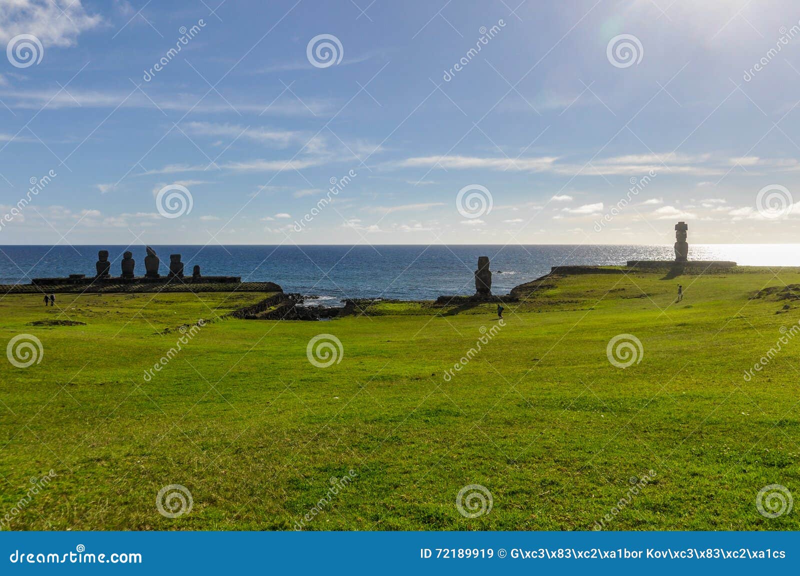 moai group in ahu tahai, easter island, chile