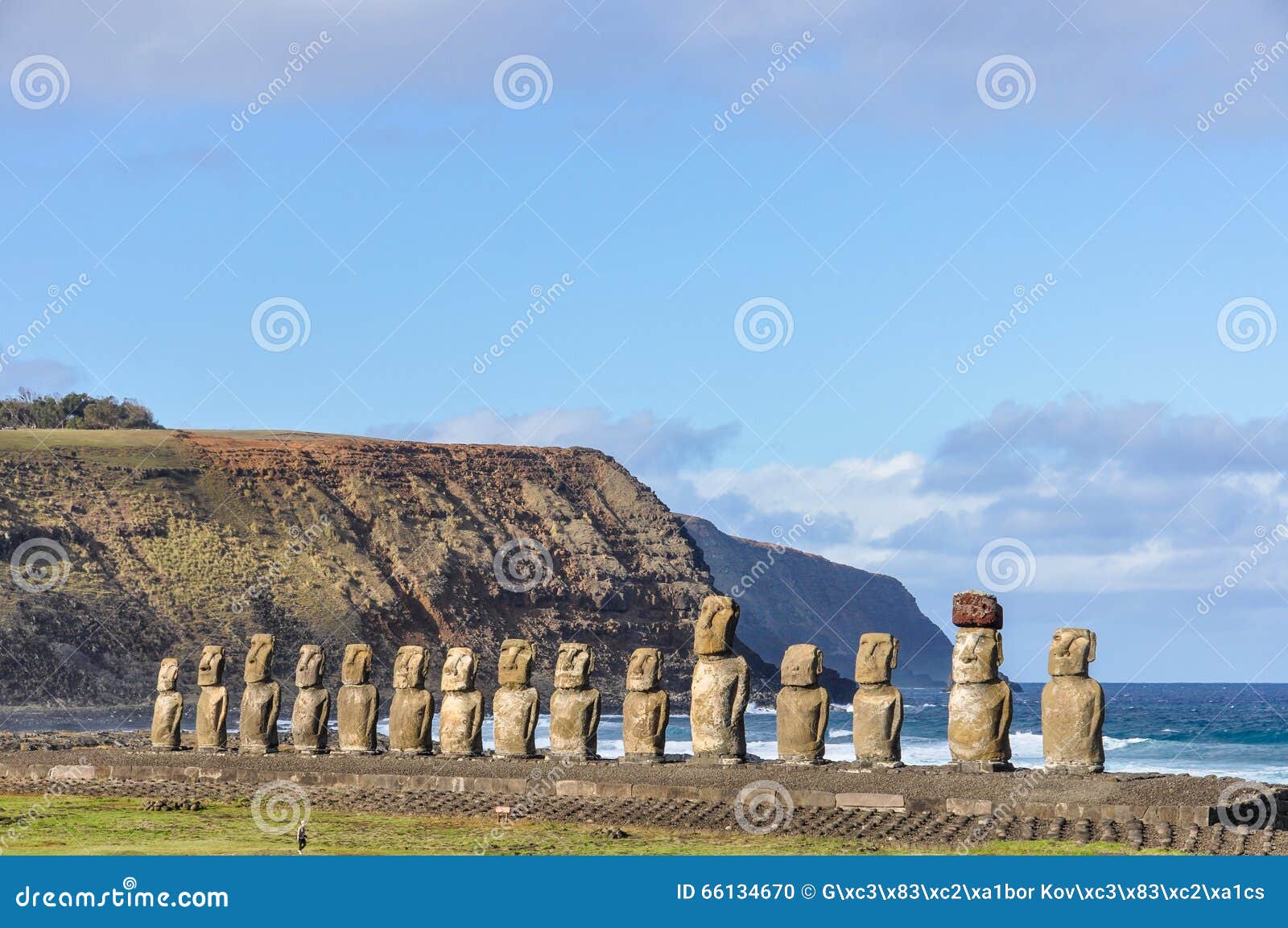 The 15 Moai Statues in Ahu Tongariki, Easter Island, Chile Stock Photo Image of stone, america