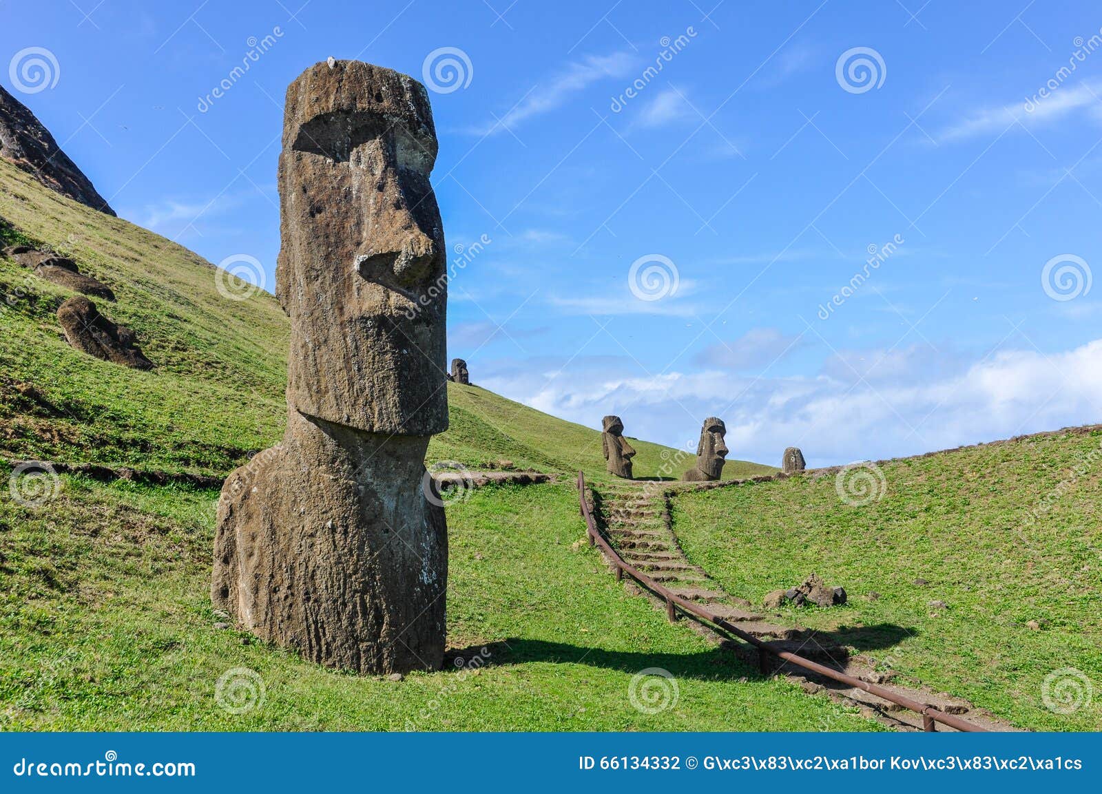 Moai Statues in Rano Raraku Volcano, Easter Island, Chile Stock Photo