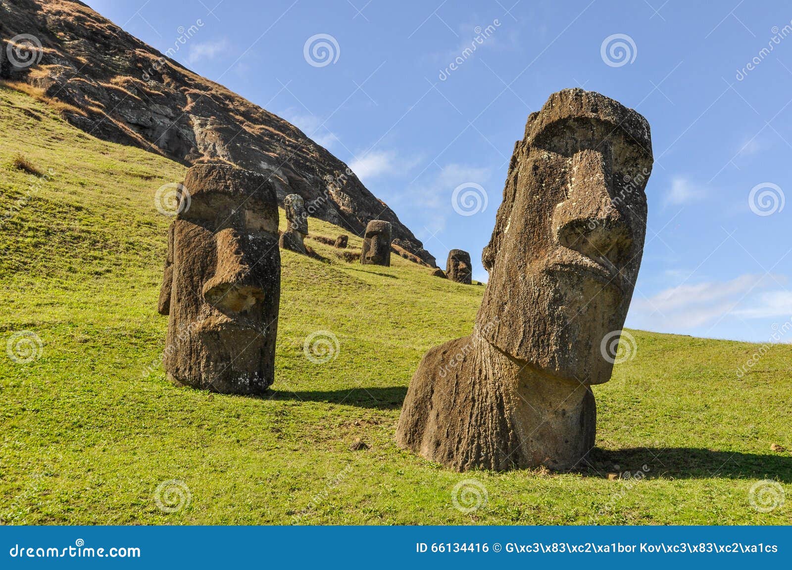 Moai Statues in Rano Raraku Volcano, Easter Island, Chile Stock Photo